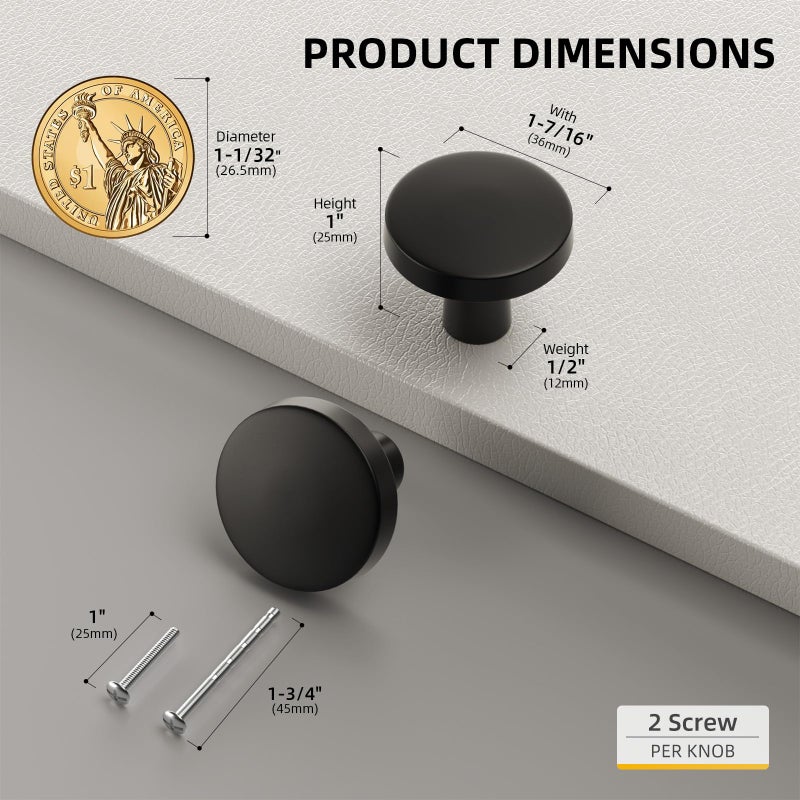 goldenwarm 15 Pack Matte Black Cabinet Knobs for Kitchen Hardware Handles Round Dresser Drawer Knob for Closet Bifold Modern Cabinets Pulls,1.27 Inch - Image 2